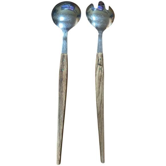 Vintage 60"s Stainless Steel Wooden Handles Salad Serving Set Made In Japan - Picture 2 of 6